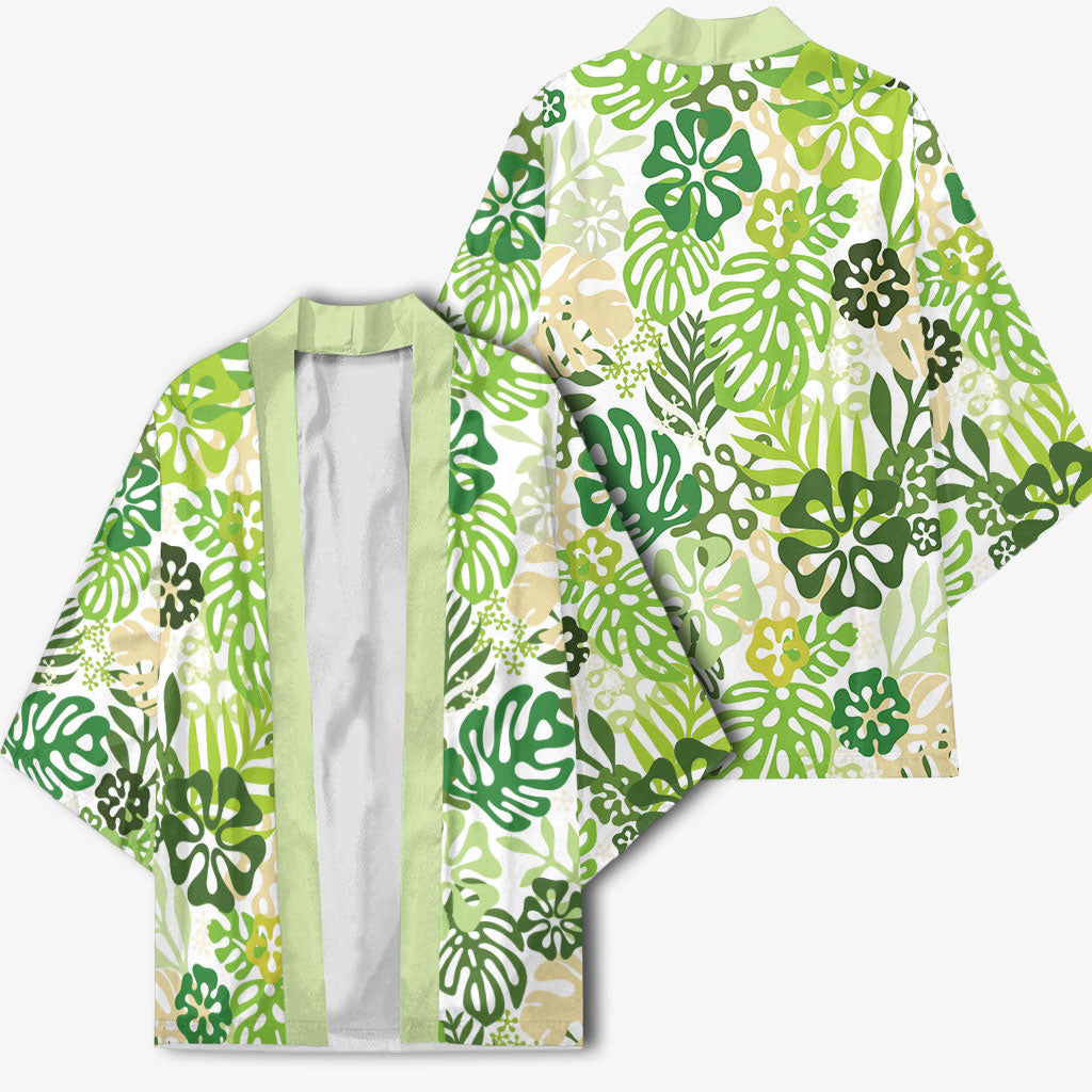 Green Aloha Hawaiian Kimono Monstera Hibiscus Tropical Pattern LT19 - Polynesian Pride