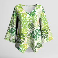 Green Aloha Hawaiian Kimono Sleeve Blouse Monstera Hibiscus Tropical Pattern LT19 Female Green - Polynesian Pride