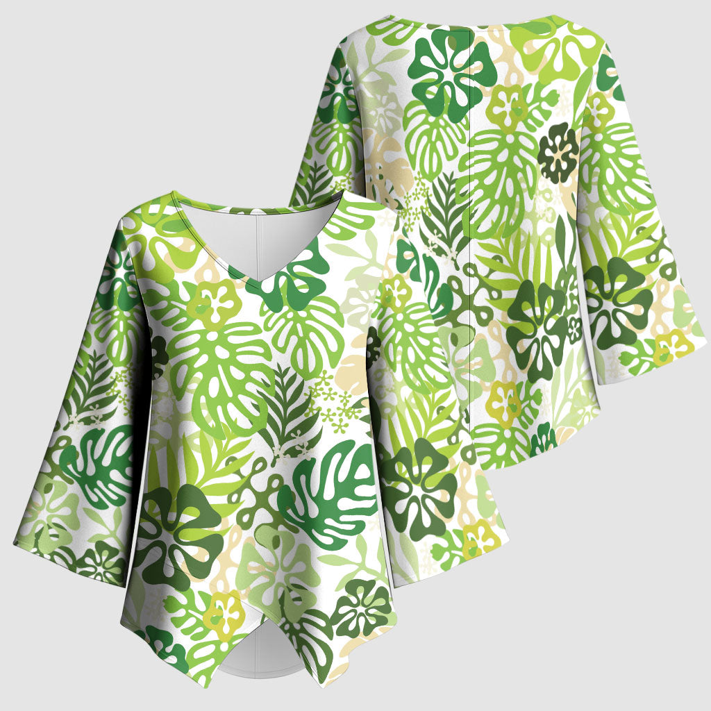 Green Aloha Hawaiian Kimono Sleeve Blouse Monstera Hibiscus Tropical Pattern LT19 - Polynesian Pride