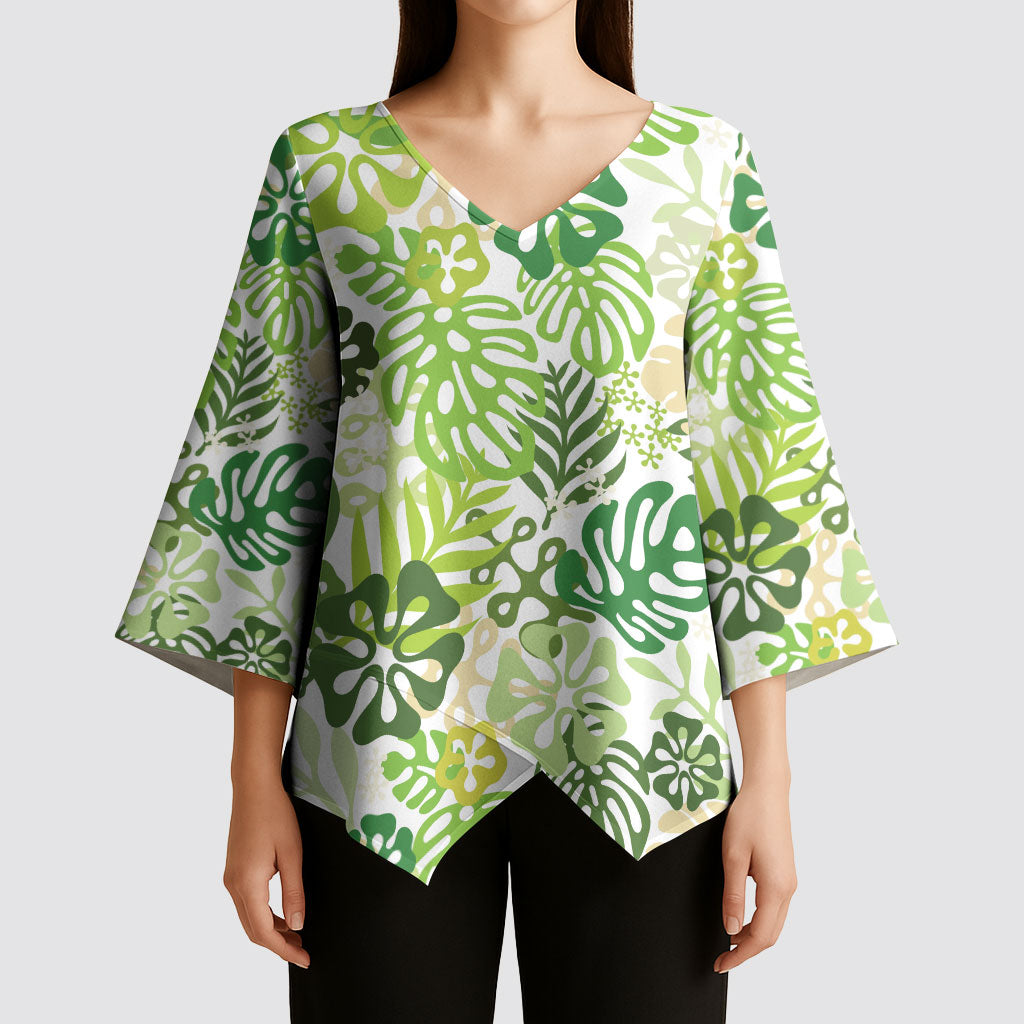 Green Aloha Hawaiian Kimono Sleeve Blouse Monstera Hibiscus Tropical Pattern LT19 - Polynesian Pride