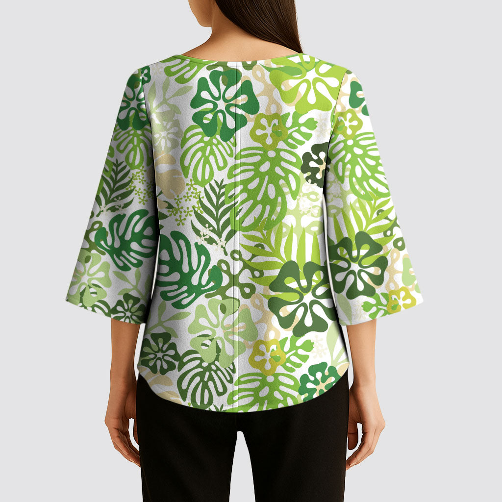 Green Aloha Hawaiian Kimono Sleeve Blouse Monstera Hibiscus Tropical Pattern LT19 - Polynesian Pride