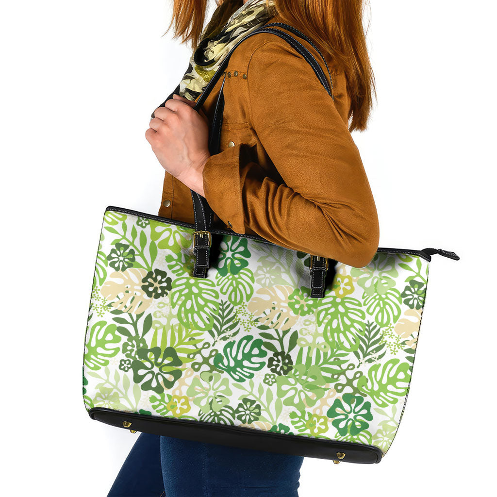 Green Aloha Hawaiian Leather Tote Bag Monstera Hibiscus Tropical Pattern LT19 Green - Polynesian Pride