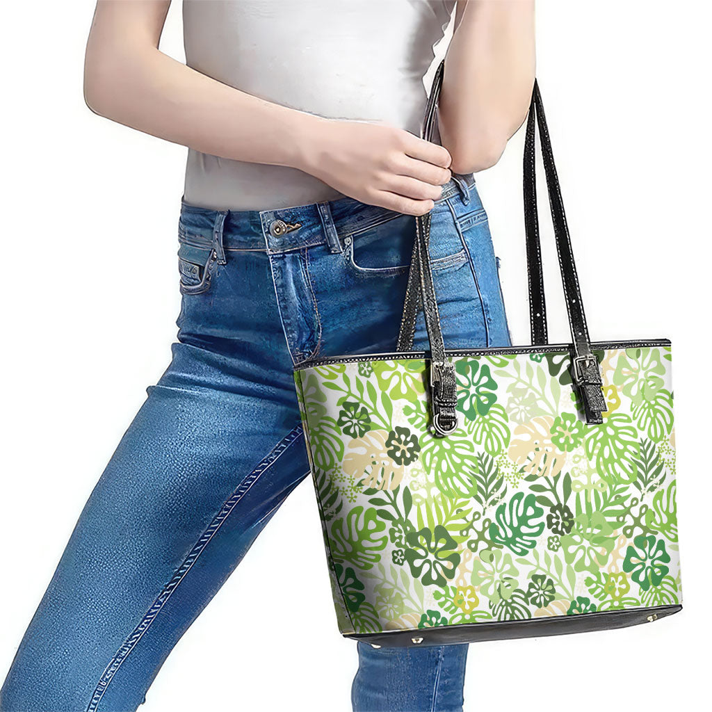 Green Aloha Hawaiian Leather Tote Bag Monstera Hibiscus Tropical Pattern LT19 - Polynesian Pride