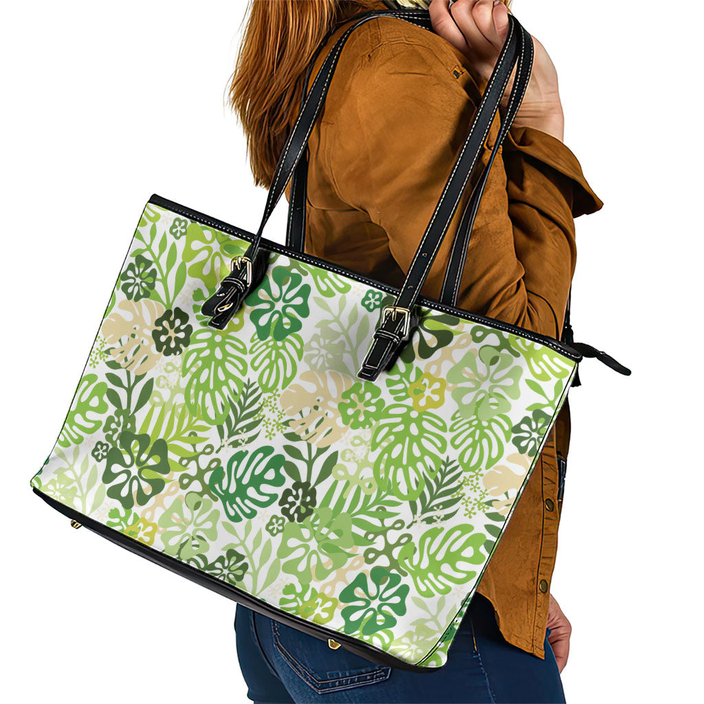 Green Aloha Hawaiian Leather Tote Bag Monstera Hibiscus Tropical Pattern LT19 - Polynesian Pride