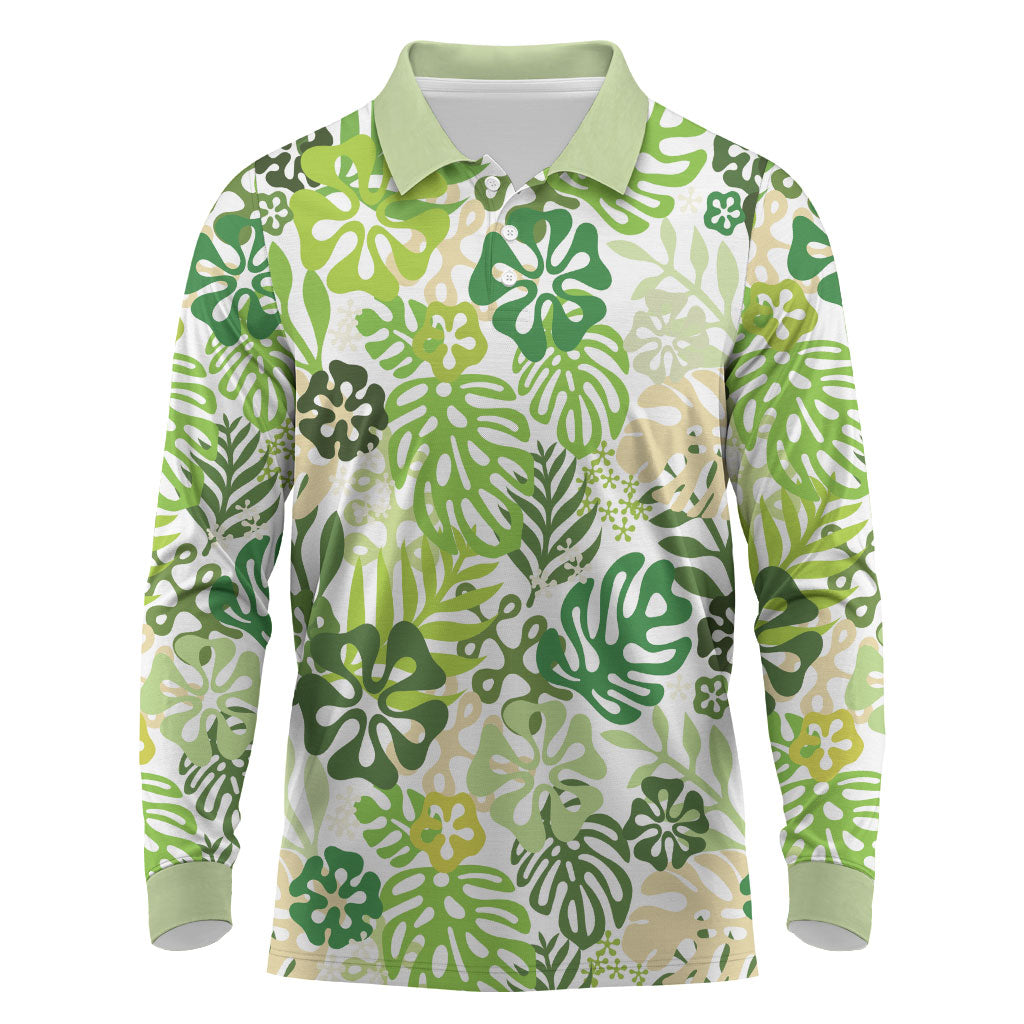Green Aloha Hawaiian Long Sleeve Polo Shirt Monstera Hibiscus Tropical Pattern LT19 Green - Polynesian Pride