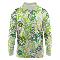 Green Aloha Hawaiian Long Sleeve Polo Shirt Monstera Hibiscus Tropical Pattern LT19 Green - Polynesian Pride