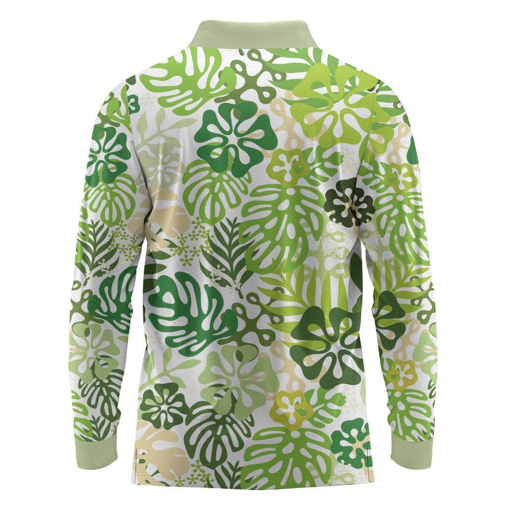 Green Aloha Hawaiian Long Sleeve Polo Shirt Monstera Hibiscus Tropical Pattern LT19 - Polynesian Pride