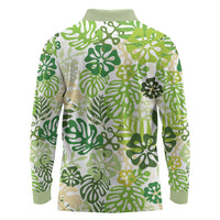 Green Aloha Hawaiian Long Sleeve Polo Shirt Monstera Hibiscus Tropical Pattern LT19 - Polynesian Pride