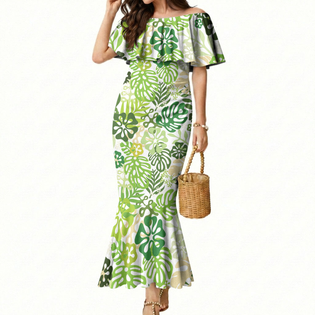 Green Aloha Hawaiian Mermaid Dress Monstera Hibiscus Tropical Pattern LT19 Women Green - Polynesian Pride