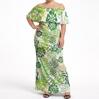 Green Aloha Hawaiian Off Shoulder Maxi Dress Monstera Hibiscus Tropical Pattern LT19 Women Green - Polynesian Pride