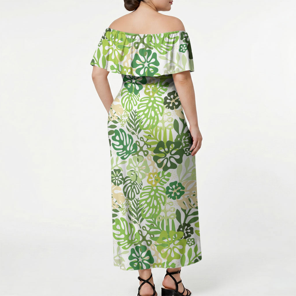 Green Aloha Hawaiian Off Shoulder Maxi Dress Monstera Hibiscus Tropical Pattern LT19 - Polynesian Pride
