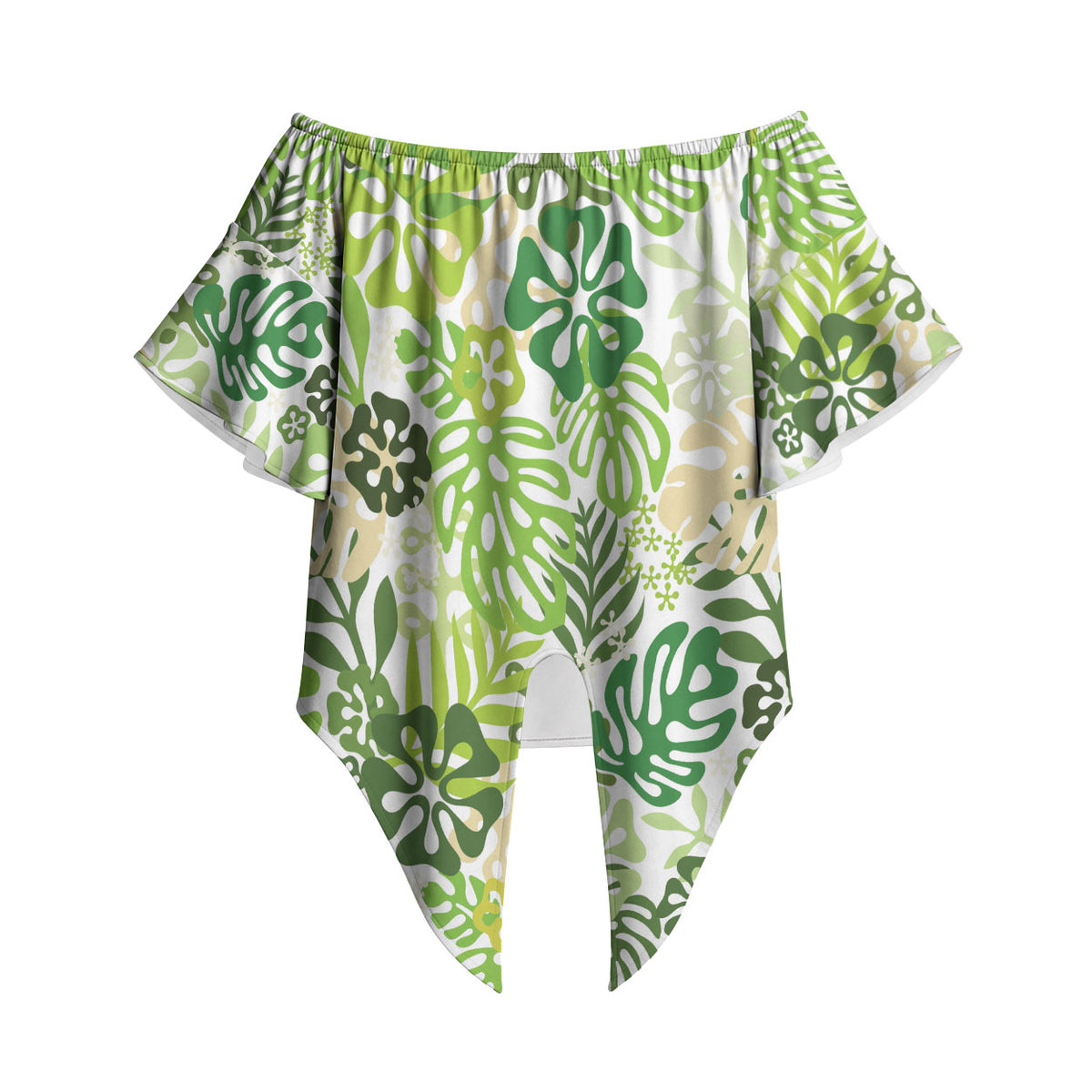 Green Aloha Hawaiian Off Shoulder Wrap Waist Top Monstera Hibiscus Tropical Pattern LT19 Green - Polynesian Pride