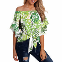 Green Aloha Hawaiian Off Shoulder Wrap Waist Top Monstera Hibiscus Tropical Pattern LT19 - Polynesian Pride