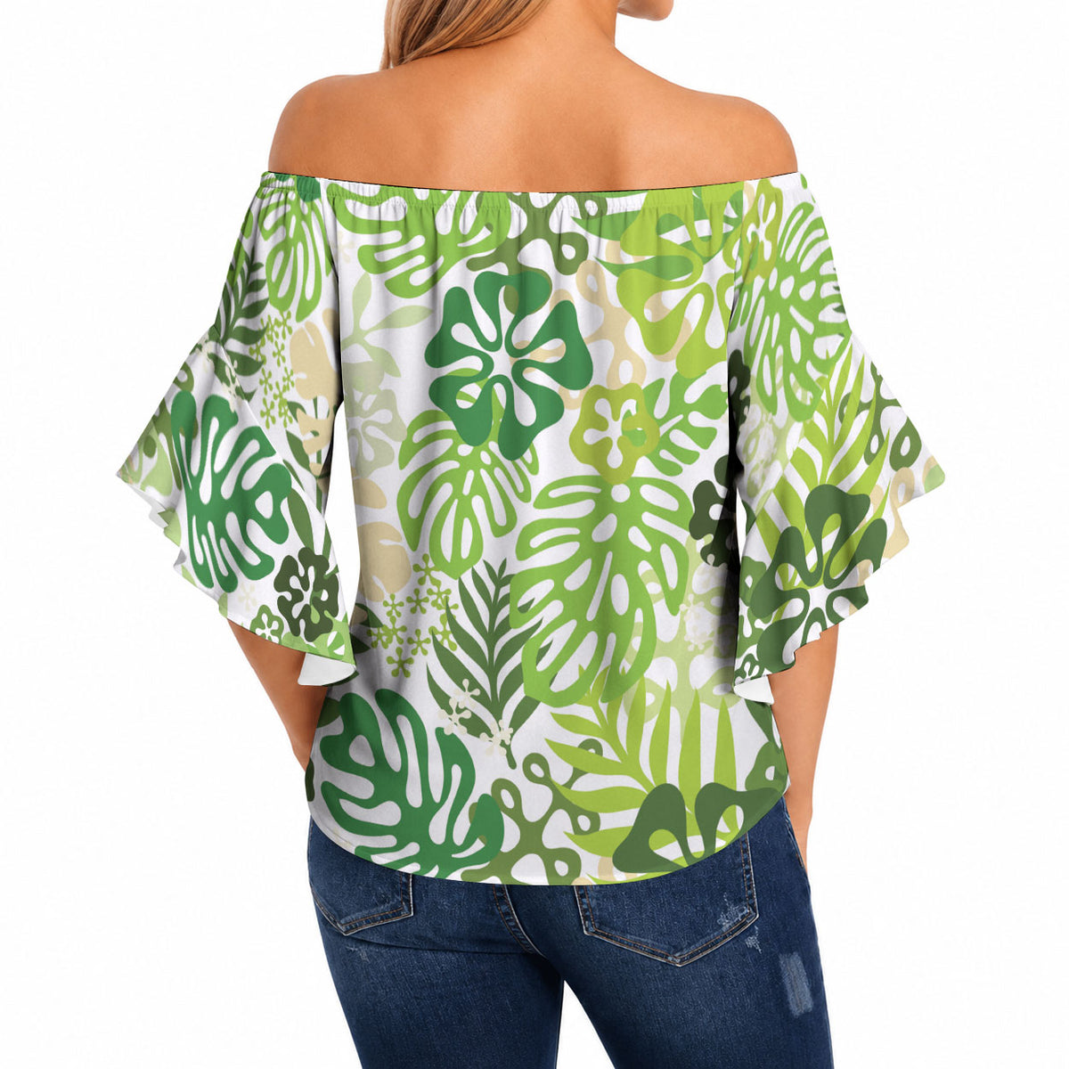 Green Aloha Hawaiian Off Shoulder Wrap Waist Top Monstera Hibiscus Tropical Pattern LT19 - Polynesian Pride
