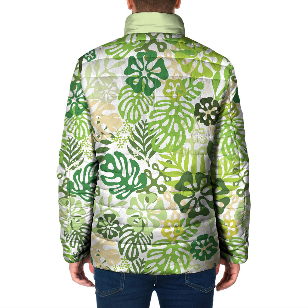 Green Aloha Hawaiian Padded Jacket Monstera Hibiscus Tropical Pattern LT19 - Polynesian Pride