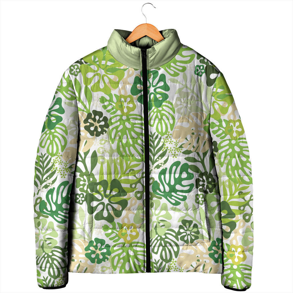 Green Aloha Hawaiian Padded Jacket Monstera Hibiscus Tropical Pattern LT19 - Polynesian Pride