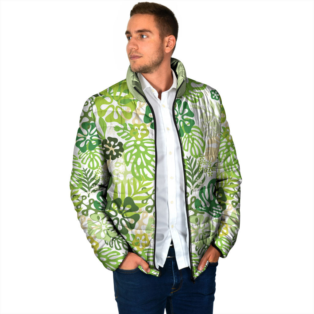 Green Aloha Hawaiian Padded Jacket Monstera Hibiscus Tropical Pattern LT19 - Polynesian Pride