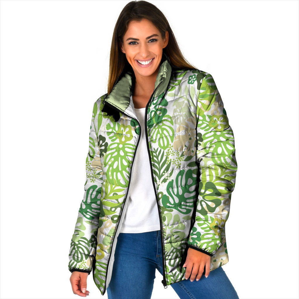 Green Aloha Hawaiian Padded Jacket Monstera Hibiscus Tropical Pattern LT19 Women Green - Polynesian Pride