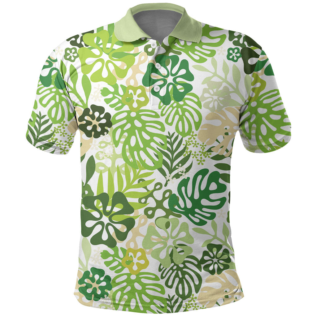 Green Aloha Hawaiian Polo Shirt Monstera Hibiscus Tropical Pattern LT19 Green - Polynesian Pride