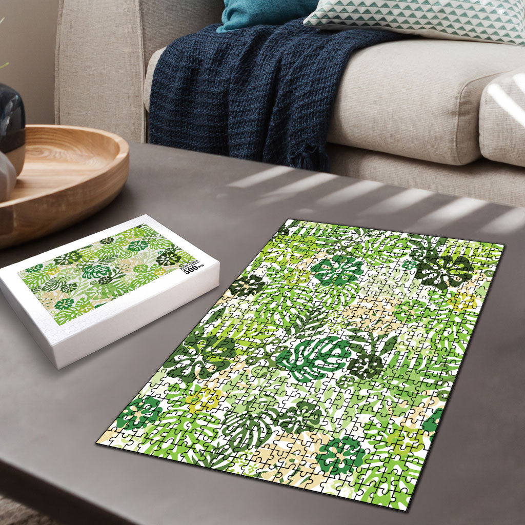 Green Aloha Hawaiian Puzzle Monstera Hibiscus Tropical Pattern LT19 - Polynesian Pride