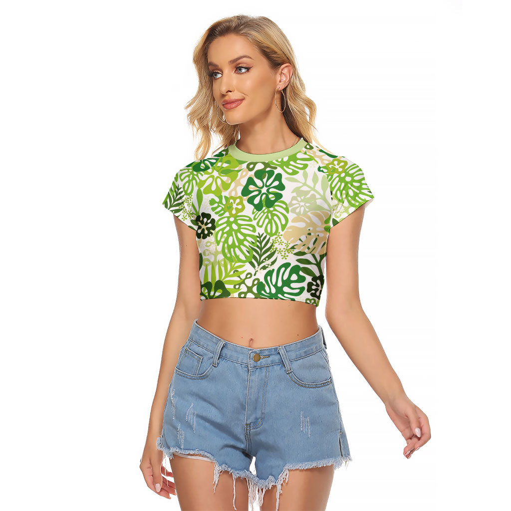 Green Aloha Hawaiian Raglan Cropped T Shirt Monstera Hibiscus Tropical Pattern LT19 Female Green - Polynesian Pride