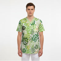 Green Aloha Hawaiian Scrub Top Monstera Hibiscus Tropical Pattern LT19 - Polynesian Pride
