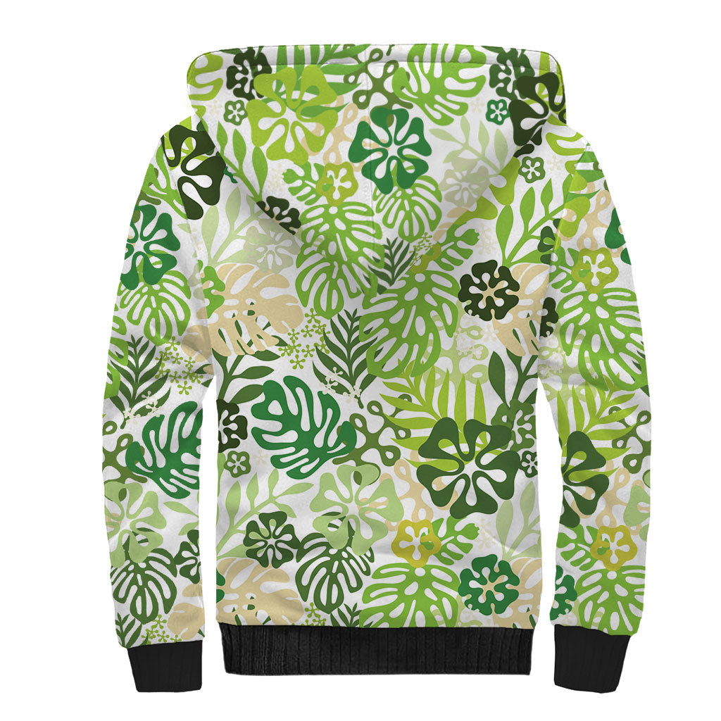 Green Aloha Hawaiian Sherpa Hoodie Monstera Hibiscus Tropical Pattern LT19 - Polynesian Pride