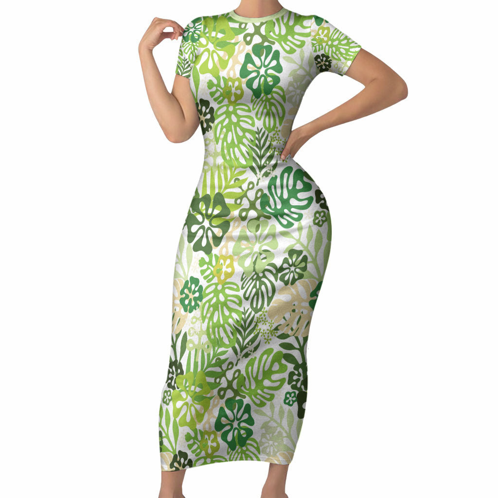 Green Aloha Hawaiian Short Sleeve Bodycon Dress Monstera Hibiscus Tropical Pattern LT19 Long Dress Green - Polynesian Pride