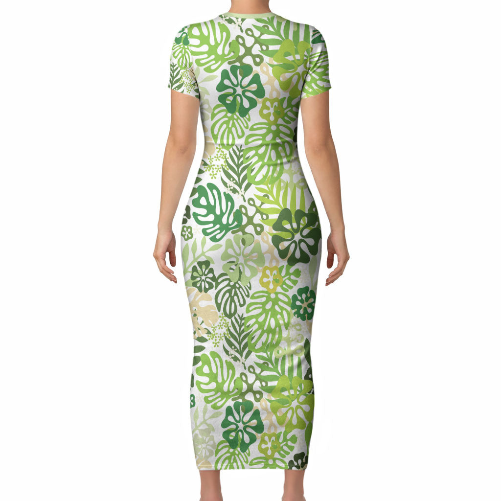 Green Aloha Hawaiian Short Sleeve Bodycon Dress Monstera Hibiscus Tropical Pattern LT19 - Polynesian Pride