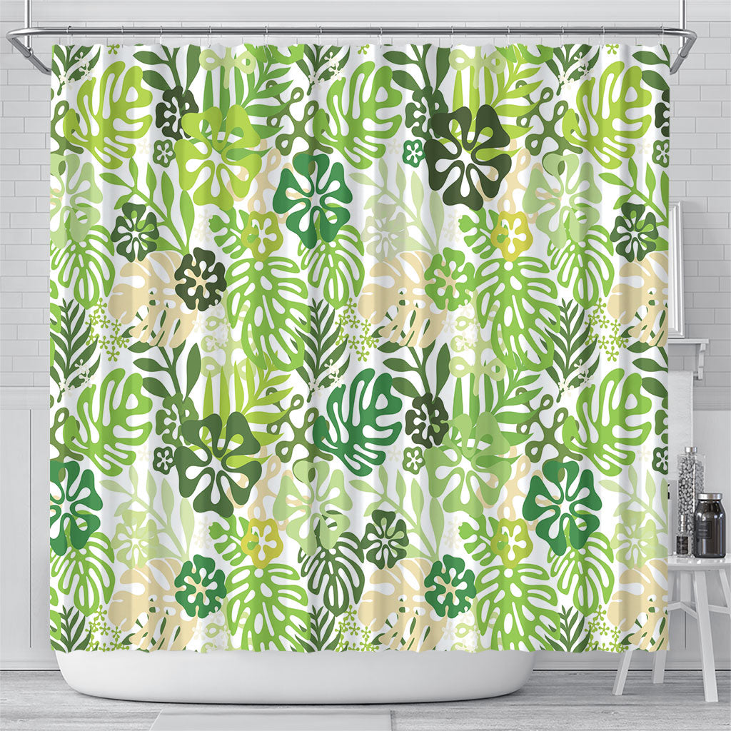 Green Aloha Hawaiian Shower Curtain Monstera Hibiscus Tropical Pattern LT19 - Polynesian Pride