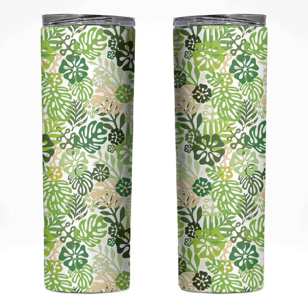 Green Aloha Hawaiian Skinny Tumbler Monstera Hibiscus Tropical Pattern LT19 Green - Polynesian Pride