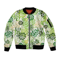 Green Aloha Hawaiian Sleeve Zip Bomber Jacket Monstera Hibiscus Tropical Pattern LT19 Unisex Green - Polynesian Pride