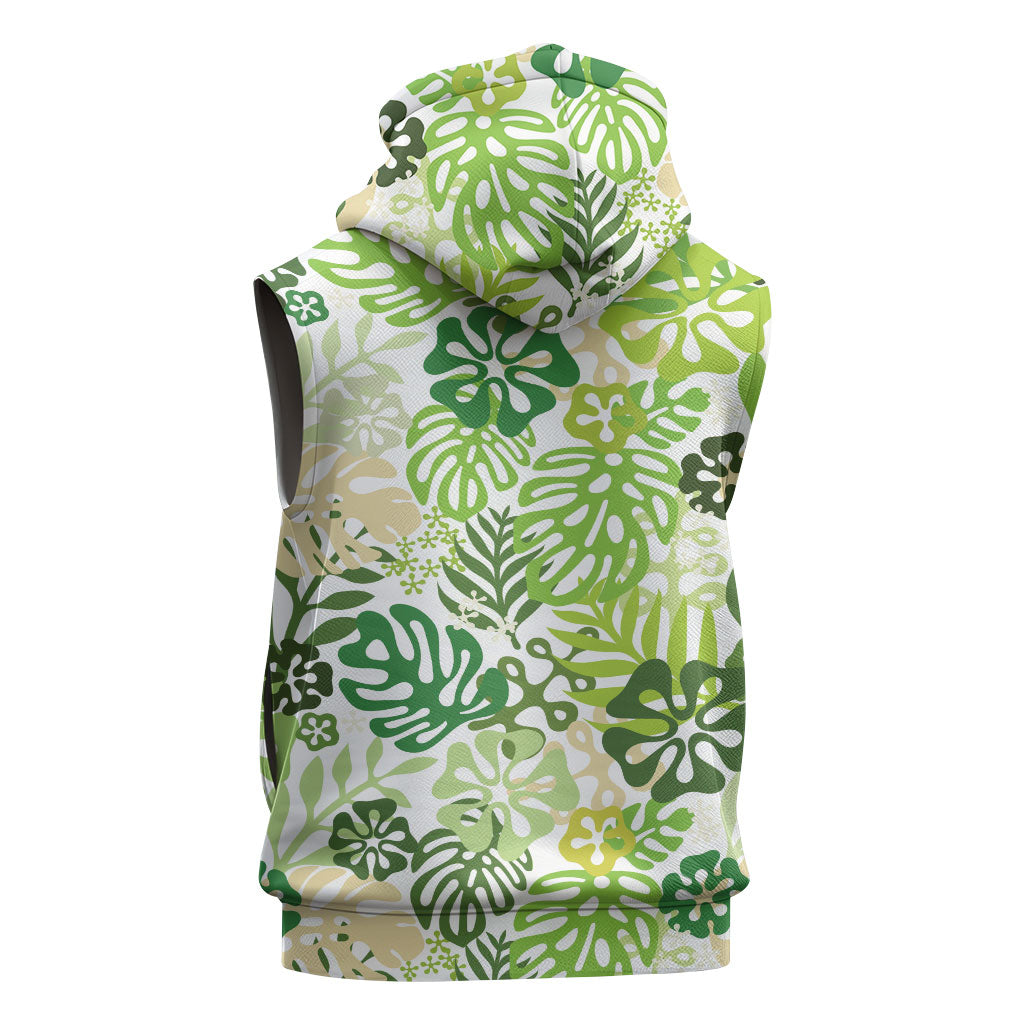 Green Aloha Hawaiian Sleeveless Hoodie Monstera Hibiscus Tropical Pattern LT19 - Polynesian Pride