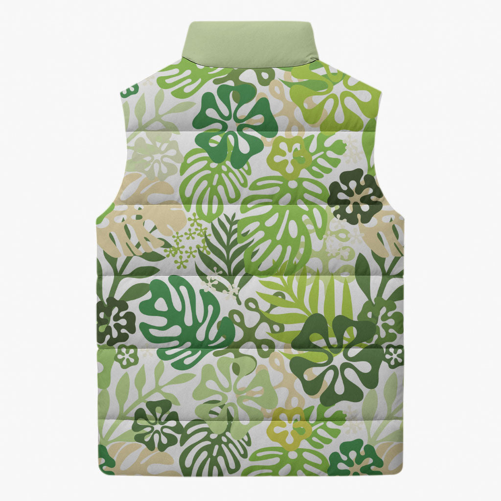 Green Aloha Hawaiian Sleeveless Puffer Jacket Monstera Hibiscus Tropical Pattern LT19 - Polynesian Pride