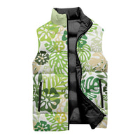 Green Aloha Hawaiian Sleeveless Puffer Jacket Monstera Hibiscus Tropical Pattern LT19 - Polynesian Pride
