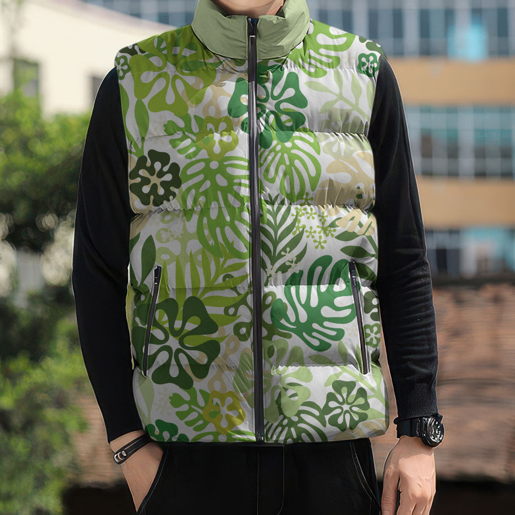 Green Aloha Hawaiian Sleeveless Puffer Jacket Monstera Hibiscus Tropical Pattern LT19 - Polynesian Pride