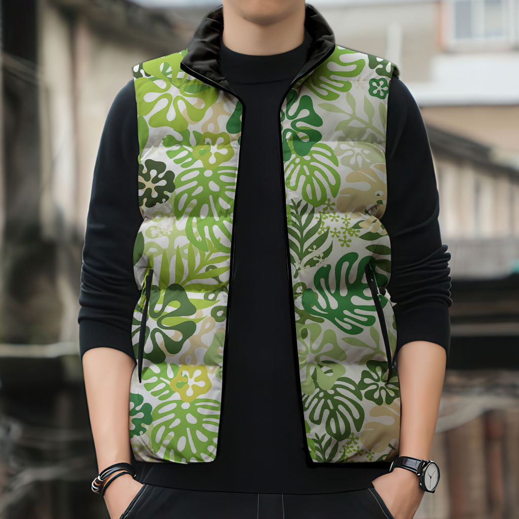 Green Aloha Hawaiian Sleeveless Puffer Jacket Monstera Hibiscus Tropical Pattern LT19 - Polynesian Pride