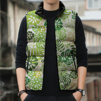 Green Aloha Hawaiian Sleeveless Puffer Jacket Monstera Hibiscus Tropical Pattern LT19 - Polynesian Pride