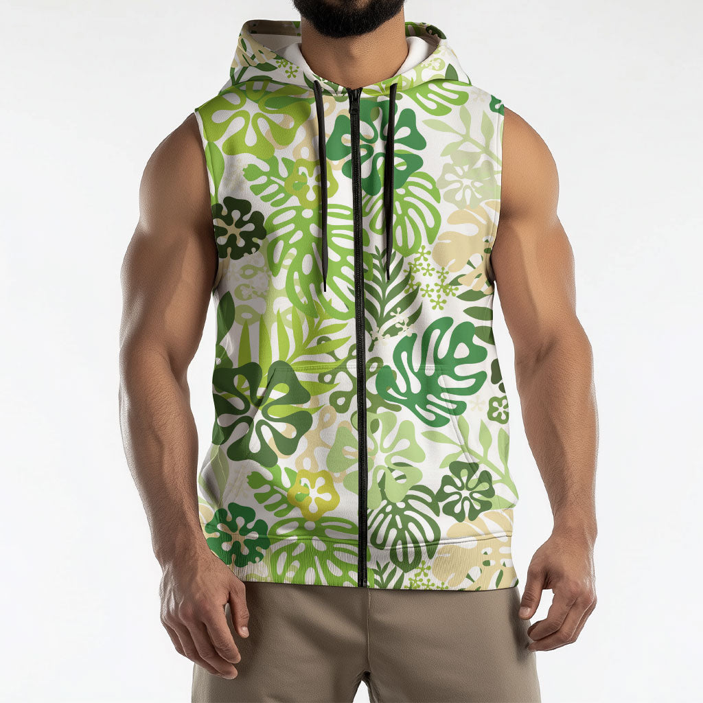 Green Aloha Hawaiian Sleeveless Zip Hoodie Monstera Hibiscus Tropical Pattern LT19 - Polynesian Pride