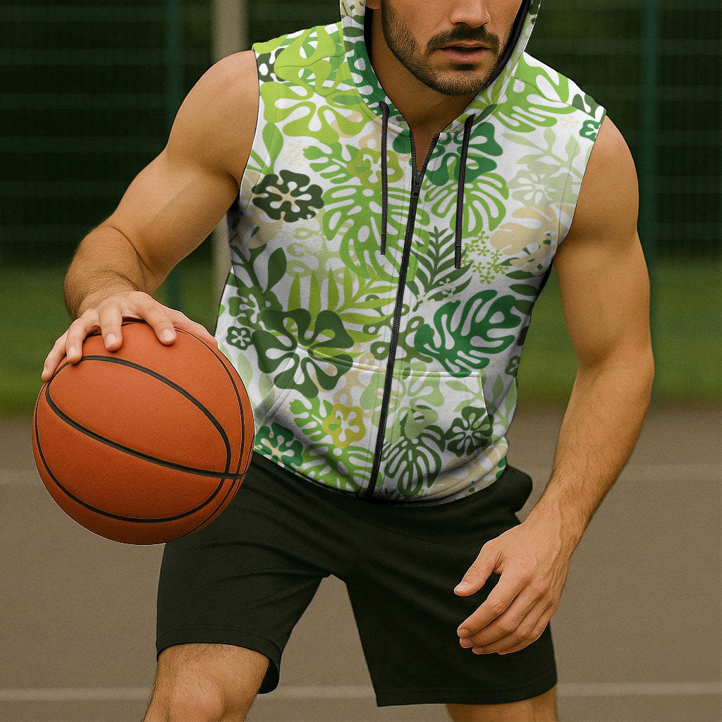 Green Aloha Hawaiian Sleeveless Zip Hoodie Monstera Hibiscus Tropical Pattern LT19 - Polynesian Pride