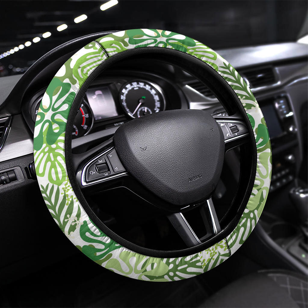 Green Aloha Hawaiian Steering Wheel Cover Monstera Hibiscus Tropical Pattern LT19 Universal Fit Green - Polynesian Pride