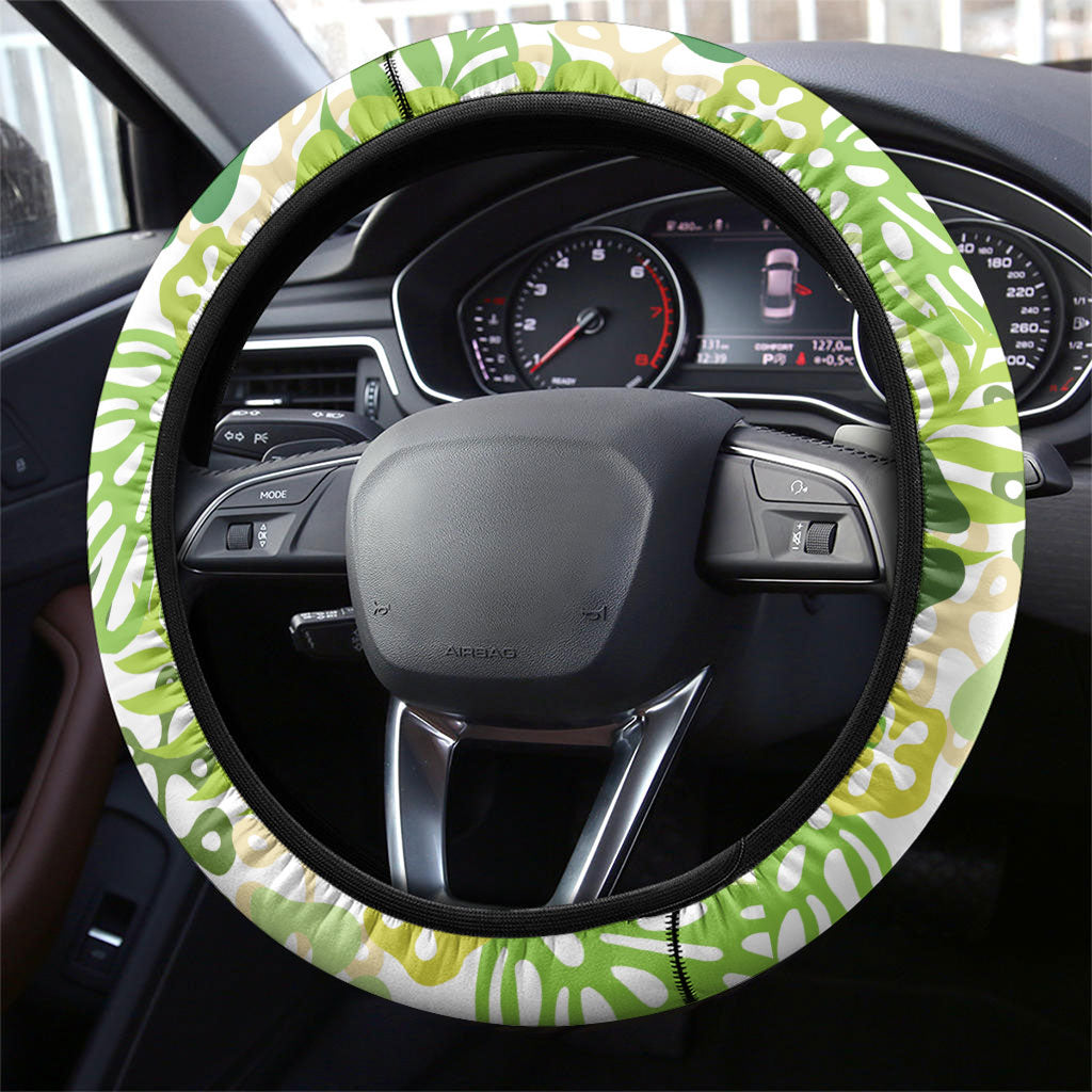 Green Aloha Hawaiian Steering Wheel Cover Monstera Hibiscus Tropical Pattern LT19 - Polynesian Pride