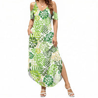 Green Aloha Hawaiian Summer Maxi Dress Monstera Hibiscus Tropical Pattern LT19 Women Green - Polynesian Pride