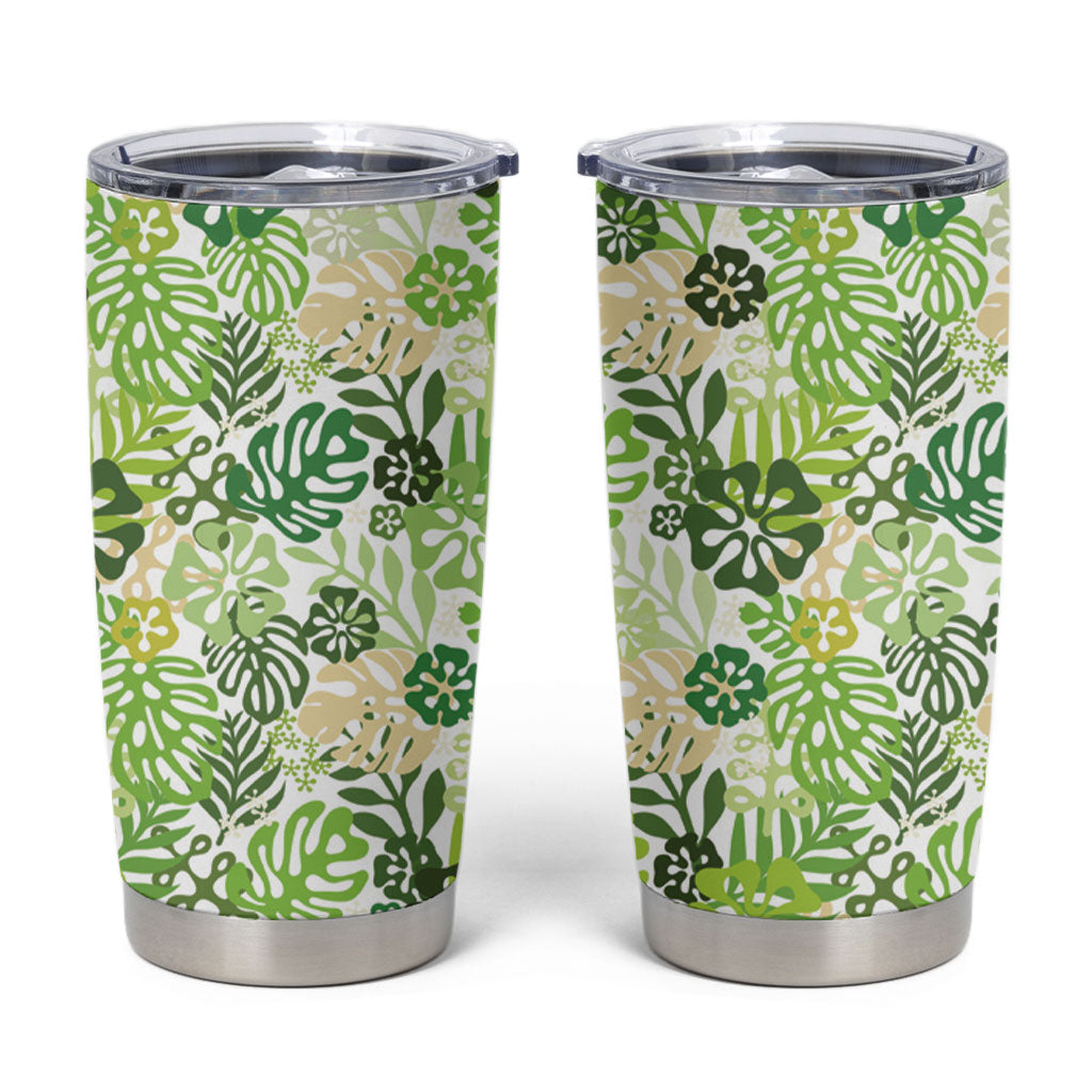 Green Aloha Hawaiian Tumbler Cup Monstera Hibiscus Tropical Pattern LT19 Green - Polynesian Pride