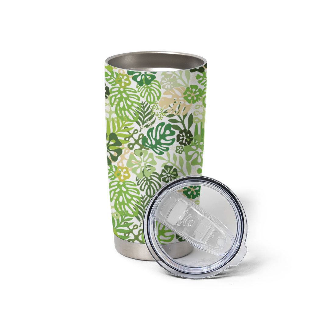 Green Aloha Hawaiian Tumbler Cup Monstera Hibiscus Tropical Pattern LT19 - Polynesian Pride