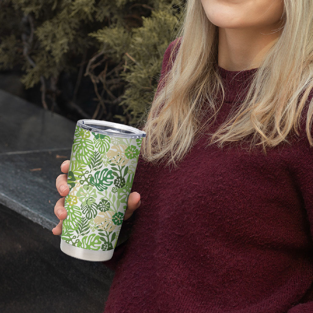 Green Aloha Hawaiian Tumbler Cup Monstera Hibiscus Tropical Pattern LT19 - Polynesian Pride