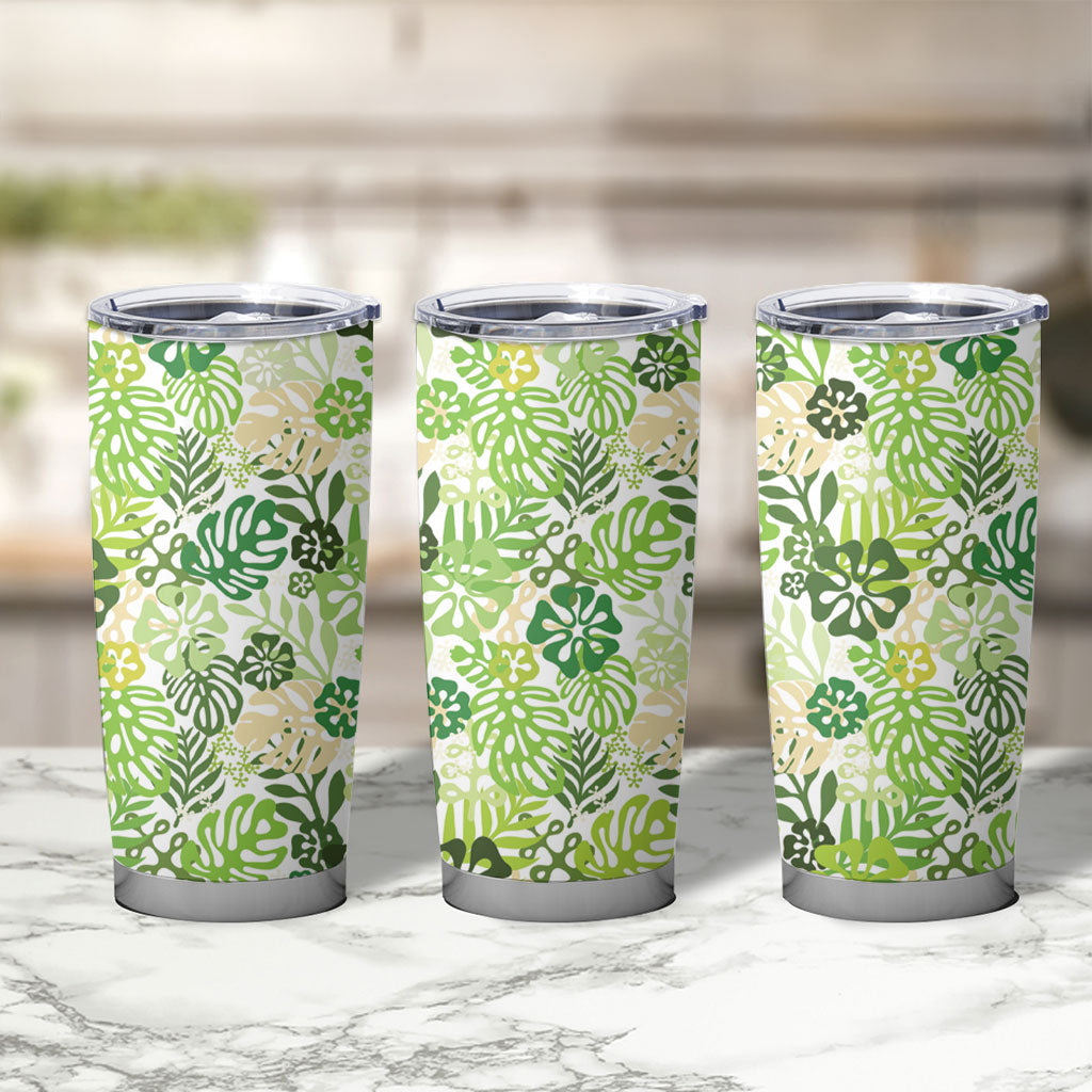 Green Aloha Hawaiian Tumbler Cup Monstera Hibiscus Tropical Pattern LT19 - Polynesian Pride