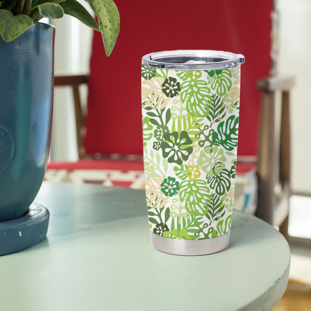 Green Aloha Hawaiian Tumbler Cup Monstera Hibiscus Tropical Pattern LT19 - Polynesian Pride