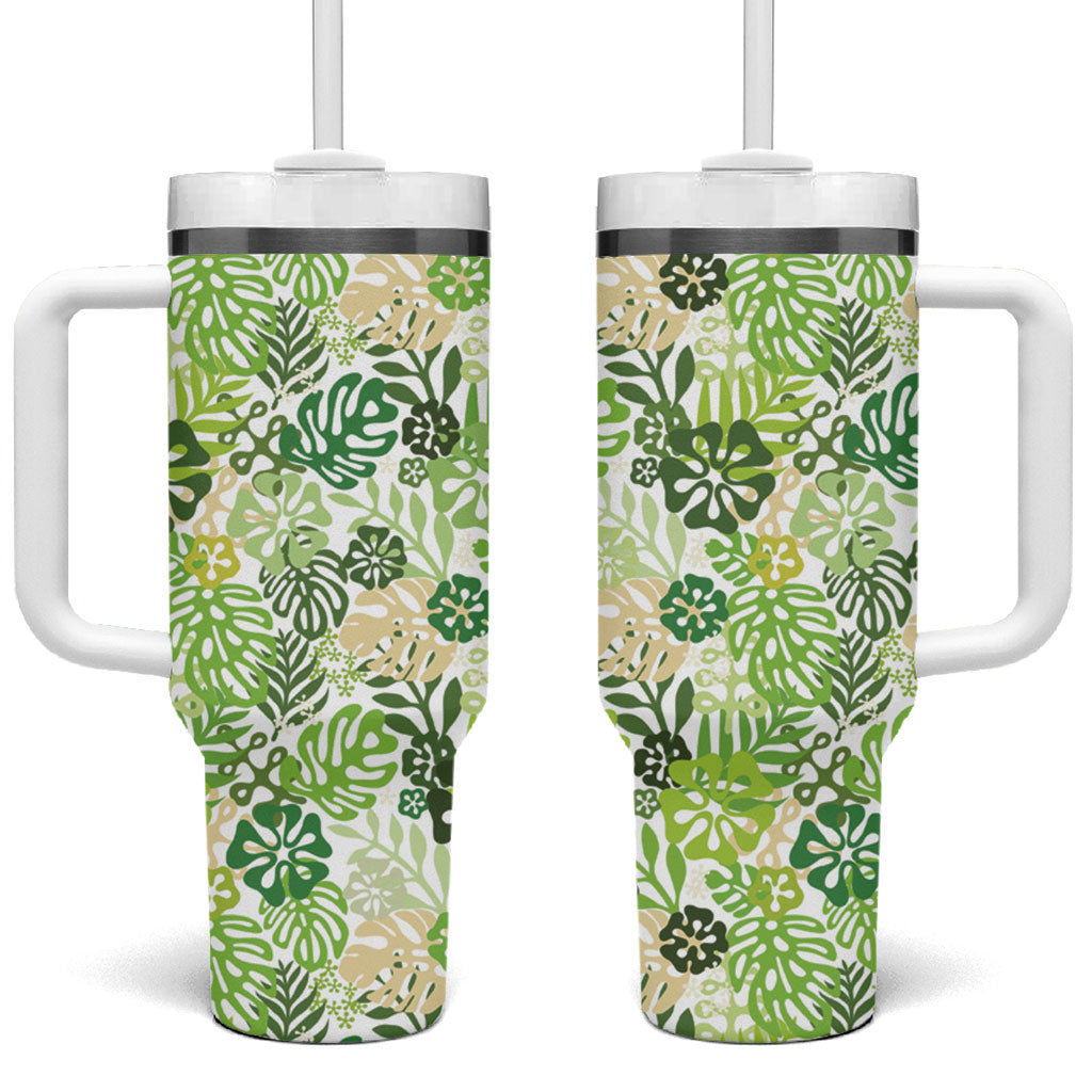 Green Aloha Hawaiian Tumbler With Handle Monstera Hibiscus Tropical Pattern LT19 One Size: 40 oz Green - Polynesian Pride