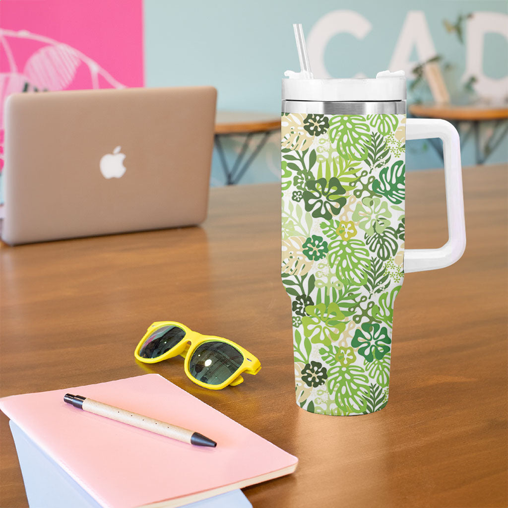 Green Aloha Hawaiian Tumbler With Handle Monstera Hibiscus Tropical Pattern LT19 - Polynesian Pride